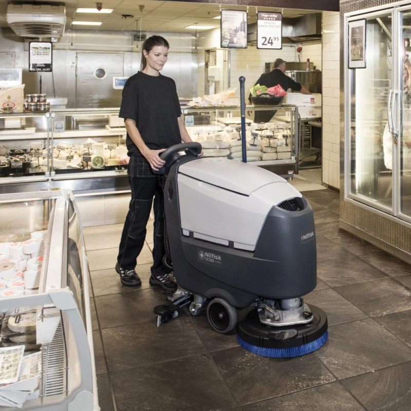 Nilfisk SC500 Mid Sized Walk Behind Scrubber Dryer In Cafe